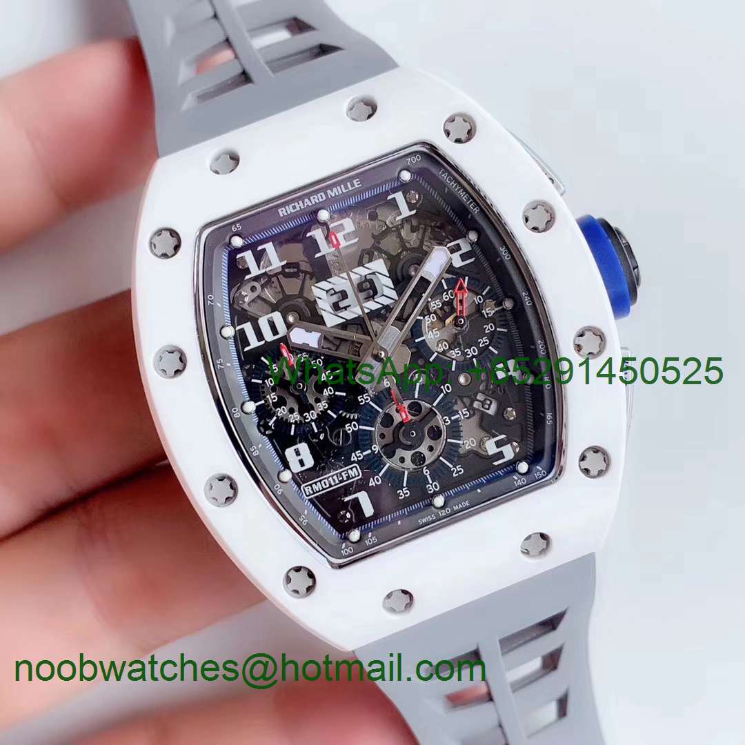Replica Richard Mille RM011 Real White Ceramic Chronograph KVF 1:1 Best Edition Crystal Skeleton Dial Gray Rubber A7750