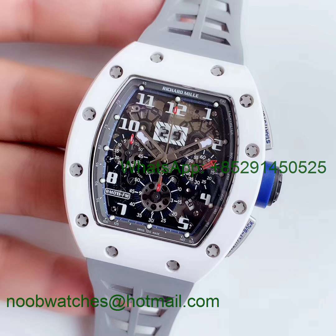 Replica Richard Mille RM011 Real White Ceramic Chronograph KVF 1:1 Best Edition Crystal Skeleton Dial Gray Rubber A7750