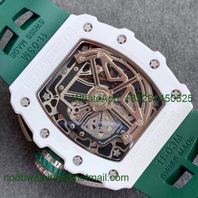 Replica Richard Mille RM011 Real White Ceramic Chronograph KVF 1:1 Best Edition Skeleton Dial Green Rubber A7750