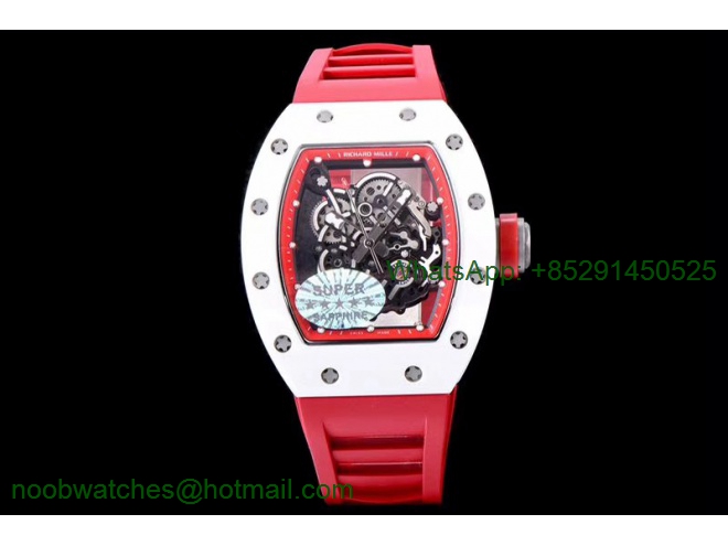 Replica Richard Mille RM055 Real All White Ceramic KVF Best Edition Skeleton Dial Red on Red Rubber Strap MIYOTA8215