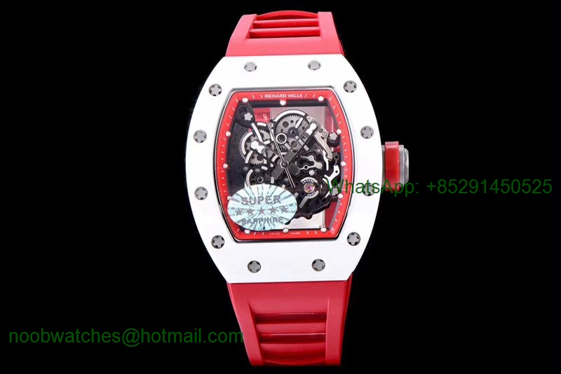 Replica Richard Mille RM055 Real All White Ceramic KVF Best Edition Skeleton Dial Red on Red Rubber Strap MIYOTA8215