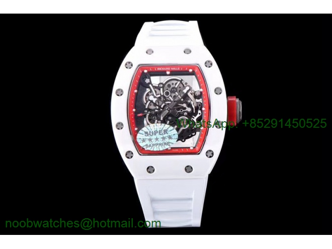 Replica Richard Mille RM055 Real All White Ceramic KVF Best Edition Skeleton Dial Red on White Rubber Strap MIYOTA8215