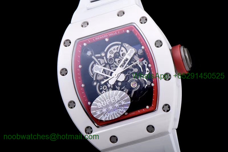Replica Richard Mille RM055 Real All White Ceramic KVF Best Edition Skeleton Dial Red on White Rubber Strap MIYOTA8215