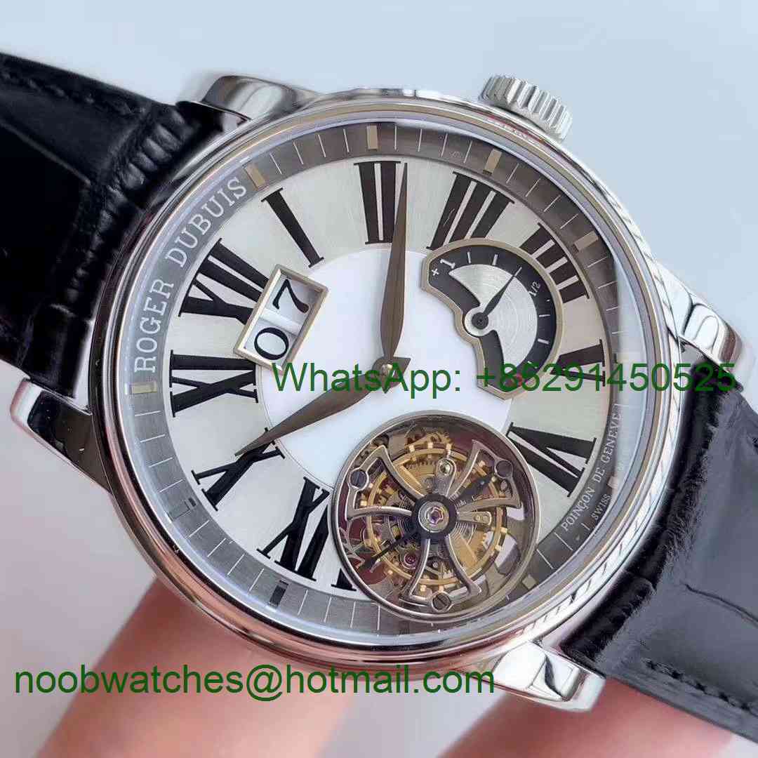 Replica Roger Dubuis Hommage Flying Tourbillon RDDBHO0568 SS V9F Best Edition White Dial on Black Leather Strap