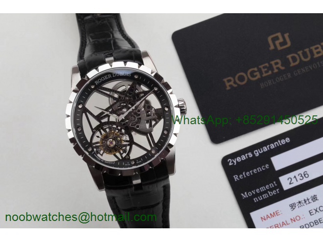 Replica Roger Dubuis Excalibur Rddbex0393 SS BBR V3 1:1 Best Edition Skeleton Dial Black Leather Strap A2136 Tourbillon