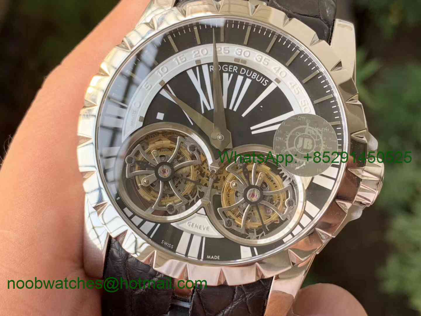 Replica Roger Dubuis Excalibur RDDBEX0250 REAL Double Flying Tourbillon SS JBF White Dial Black Croco Leather