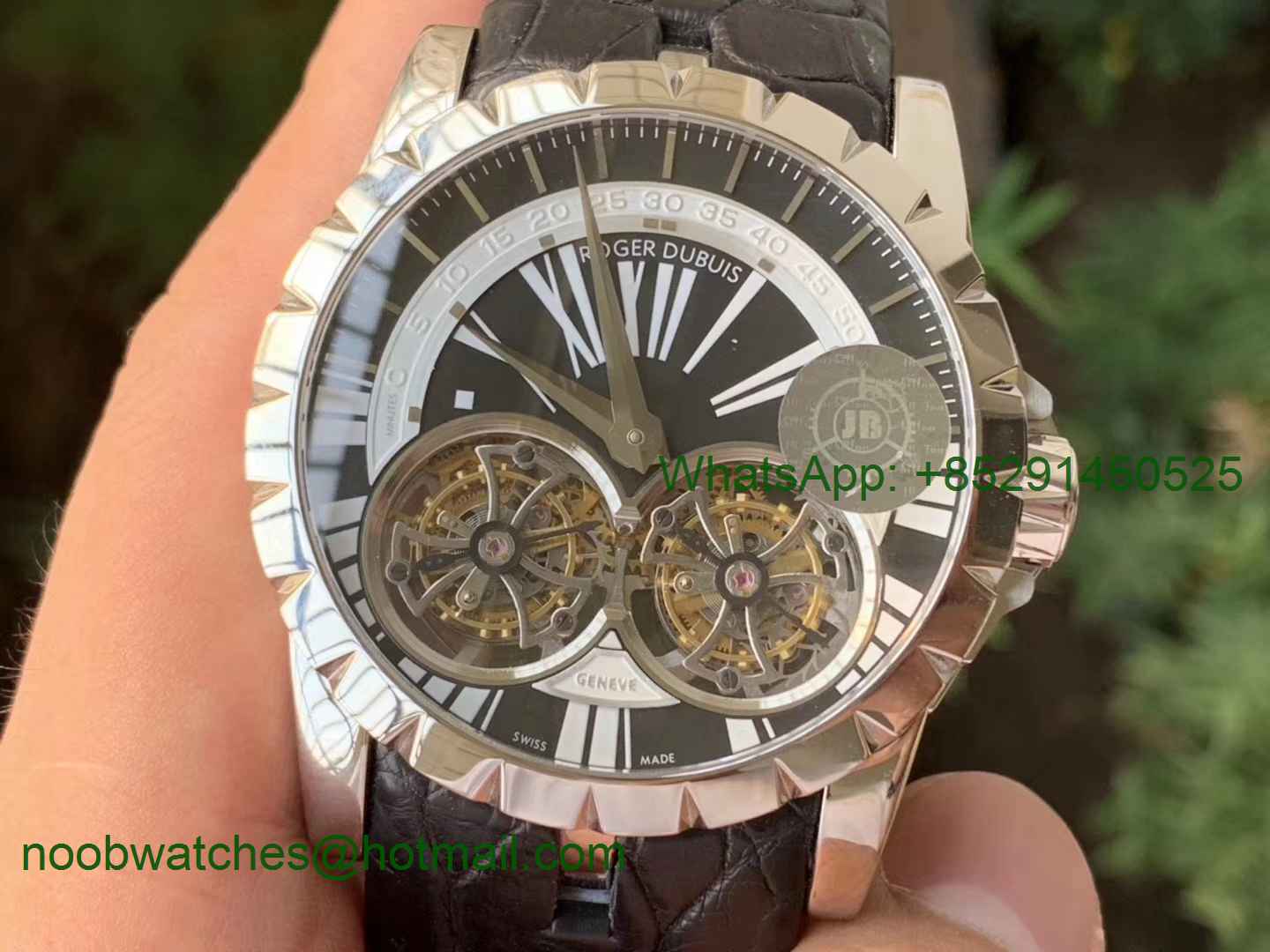 Replica Roger Dubuis Excalibur RDDBEX0250 REAL Double Flying Tourbillon SS JBF White Dial Black Croco Leather