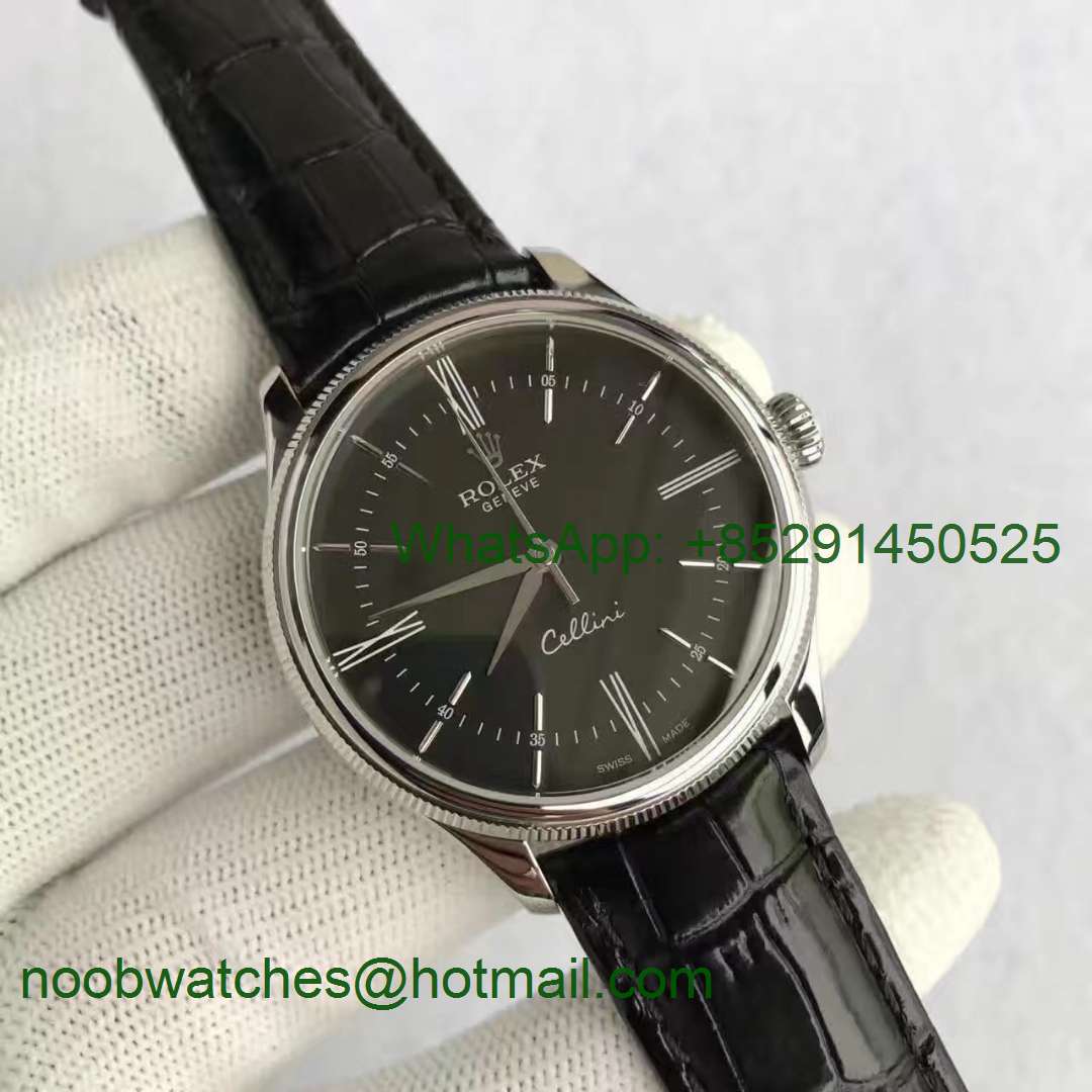 Replica Rolex Cellini Time 50509 SS MKF 1:1 Best Edition Black Dial on Black Leather Strap A3165 V3