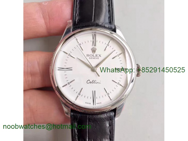 Replica Rolex Cellini Time 50509 SS MKF 1:1 Best Edition White Dial Roman Marker Black Leather Strap A3165 V3