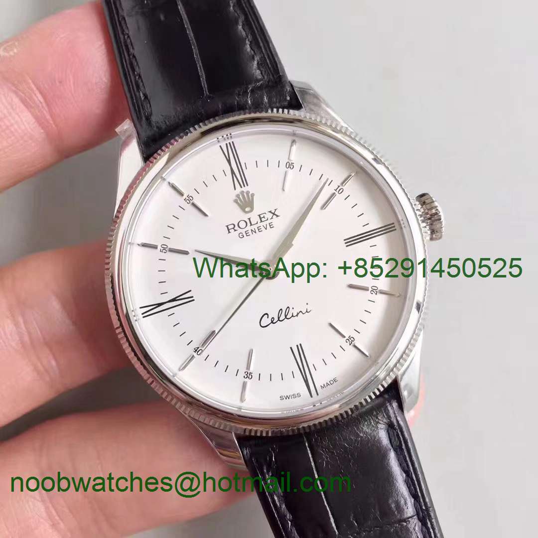 Replica Rolex Cellini Time 50509 SS MKF 1:1 Best Edition White Dial Roman Marker Black Leather Strap A3165 V3