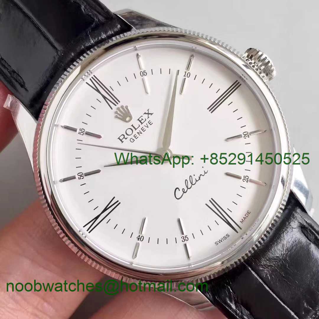 Replica Rolex Cellini Time 50509 SS MKF 1:1 Best Edition White Dial Roman Marker Black Leather Strap A3165 V3