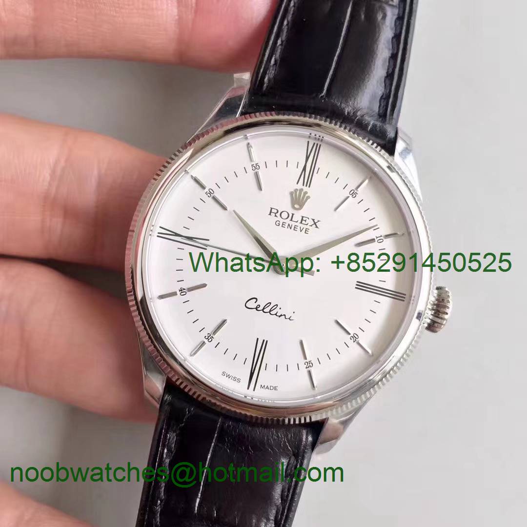 Replica Rolex Cellini Time 50509 SS MKF 1:1 Best Edition White Dial Roman Marker Black Leather Strap A3165 V3