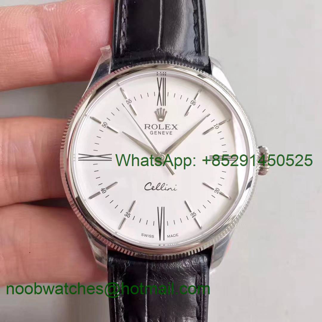 Replica Rolex Cellini Time 50509 SS MKF 1:1 Best Edition White Dial Roman Marker Black Leather Strap A3165 V3