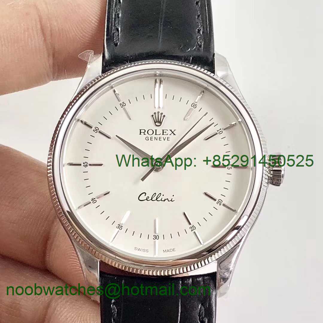 Replica Rolex Cellini Time 50509 SS MKF 1:1 Best Edition White Dial Sticks Marker Black Leather Strap A3165 V3
