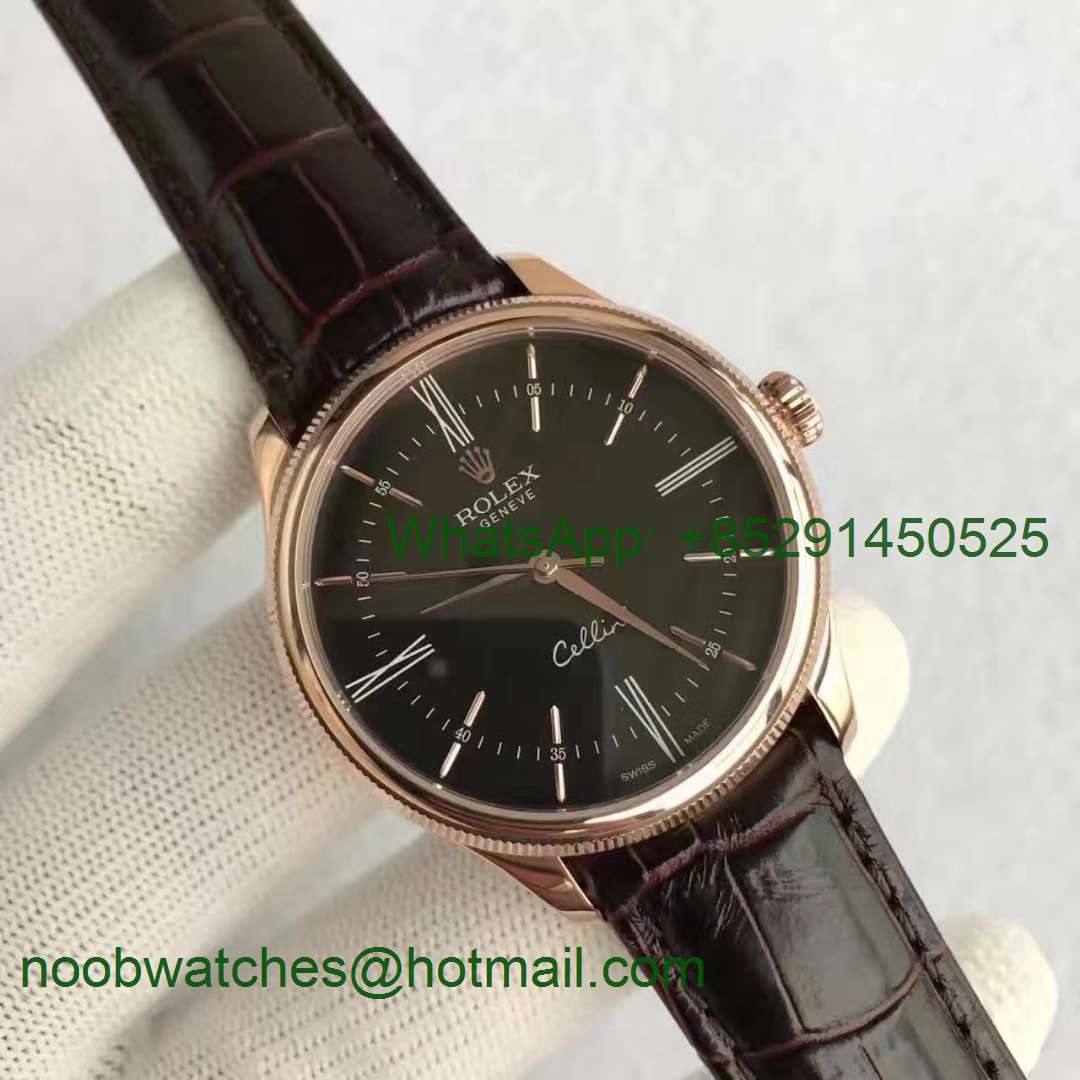Replica Rolex Cellini Time 50505 Rose Gold MKF 1:1 Best Edition Black Dial Brown Leather Strap A3165 V3