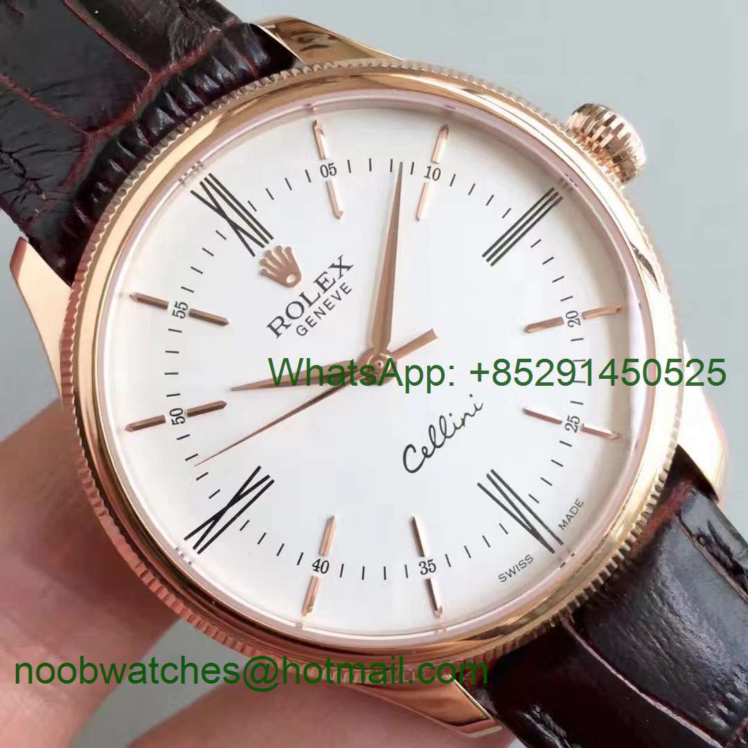 Replica Rolex Cellini Time 50505 Rose GOLD MKF 1:1 Best Edition White Dial Roman Markers Brown Leather Strap A3165 V3
