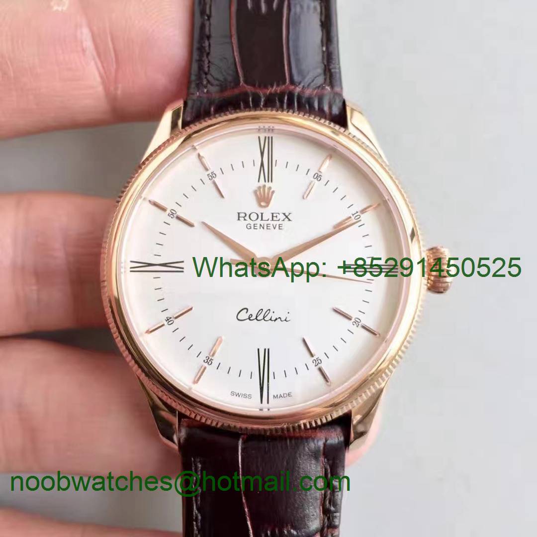 Replica Rolex Cellini Time 50505 Rose GOLD MKF 1:1 Best Edition White Dial Roman Markers Brown Leather Strap A3165 V3