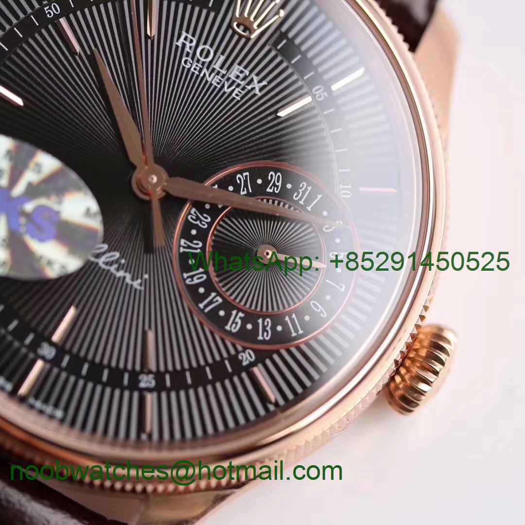 Replica Rolex Cellini Date 50515 Rose GOLD MKF 1:1 Best Edition Black Dial Brown Leather Strap A3165