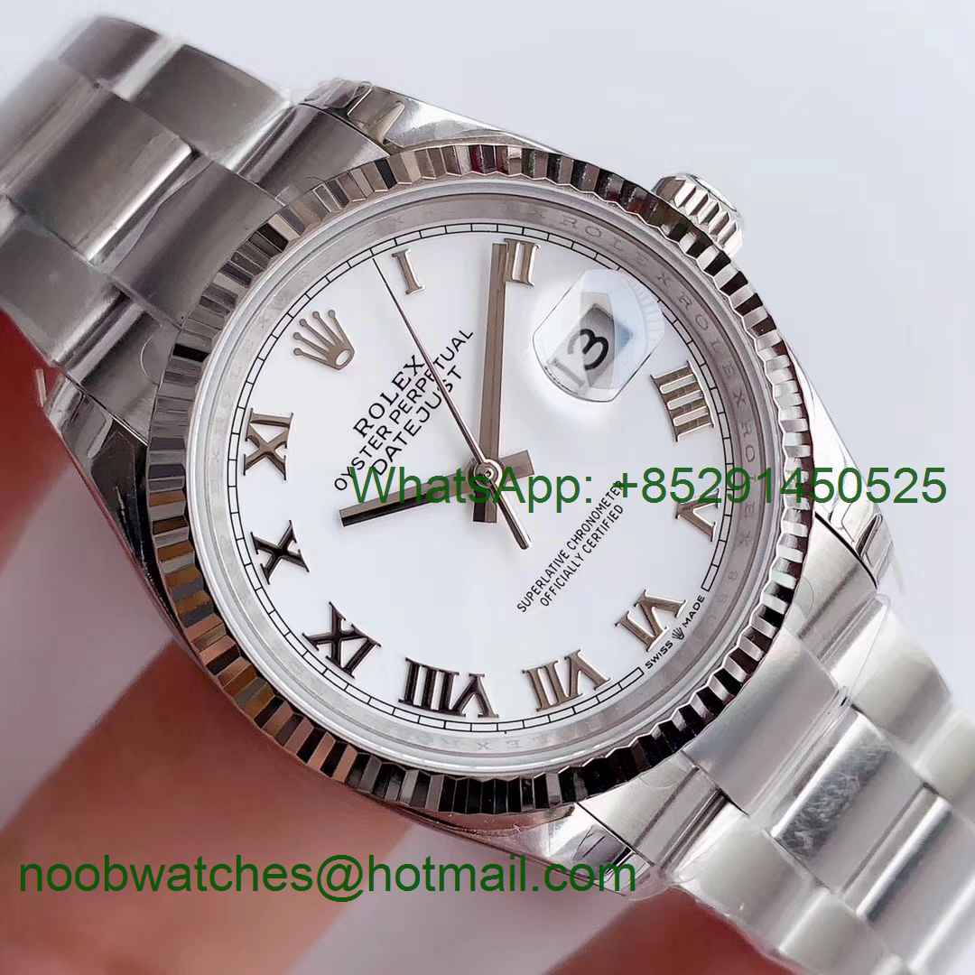 Replica Rolex DateJust 36 SS 126234 EWF 1:1 Best Edition White Dial Roman Markers on Oyster Bracelet A3235
