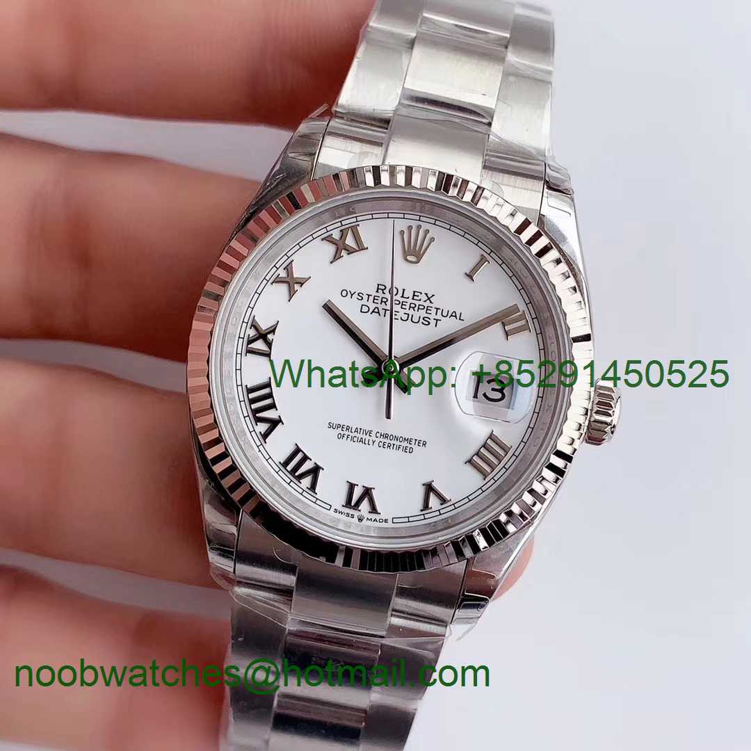 Replica Rolex DateJust 36 SS 126234 EWF 1:1 Best Edition White Dial Roman Markers on Oyster Bracelet A3235