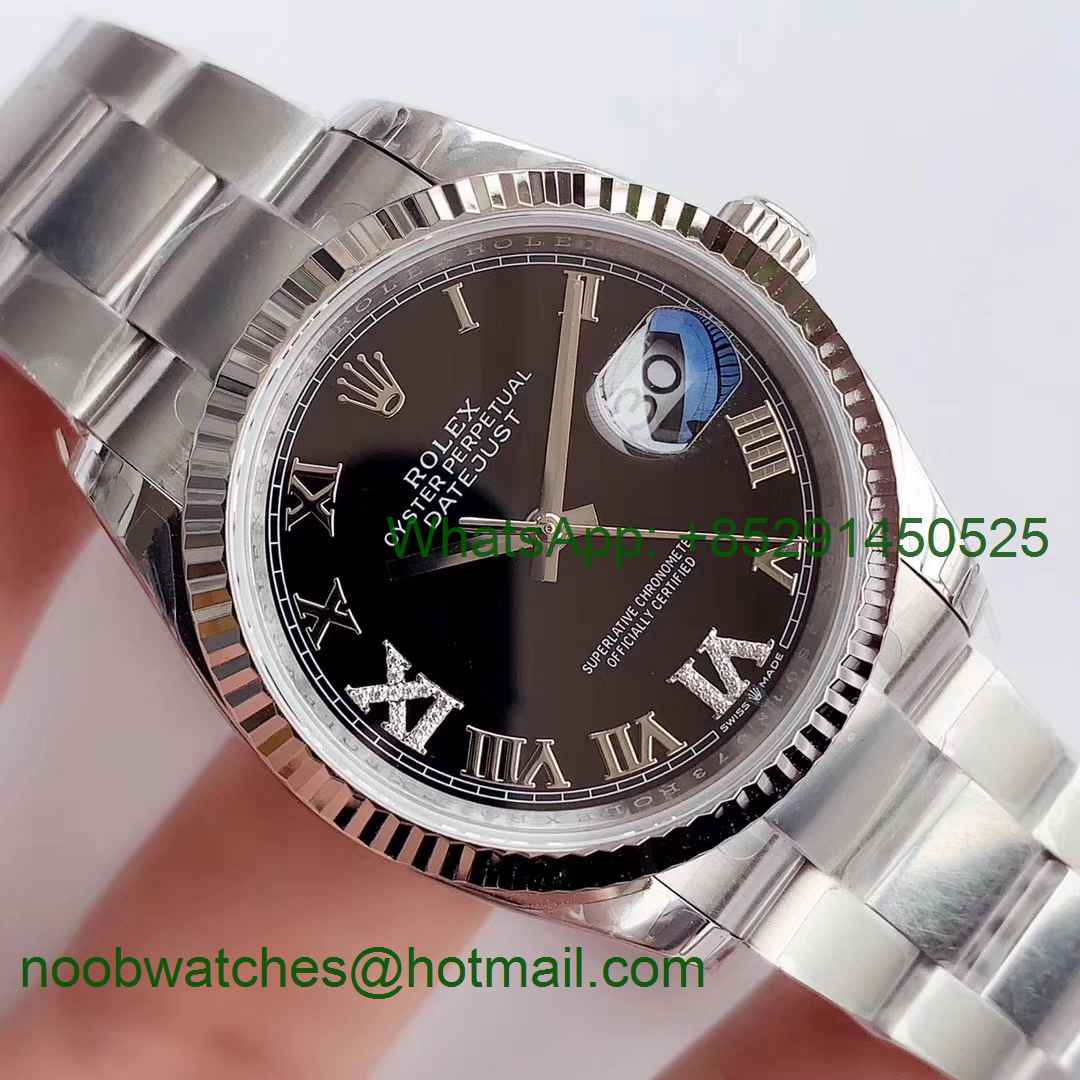 Replica Rolex DateJust 36 SS 126234 EWF 1:1 Best Edition Black Diamond Dial Roman Markers Oyster Bracelet A3235