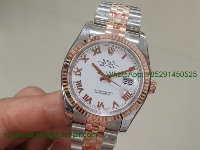 Replica Rolex DateJust 36mm 2tone 18kt Rose Gold 116233 GMF Best White Dial Roman Markers A2836