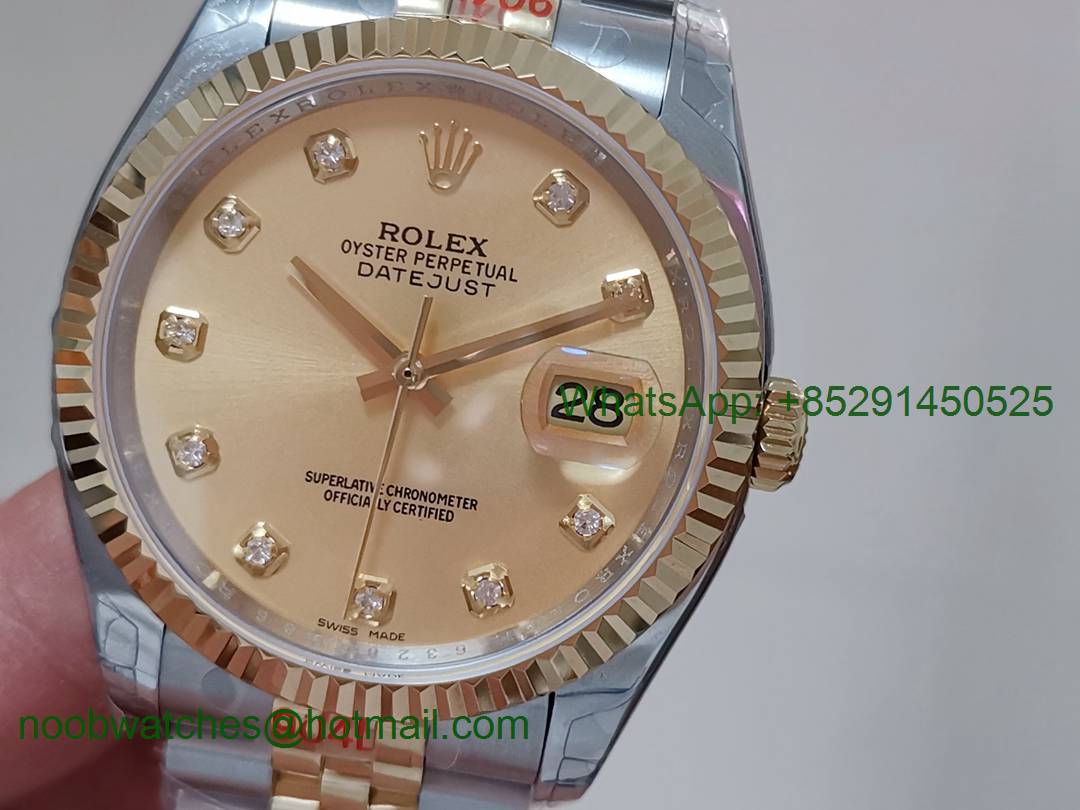 Replica Rolex DateJust 36mm 2tone 18kt Yellow Gold 116233 GMF 1:1 Best Gold Dial Diamond Markers A2836