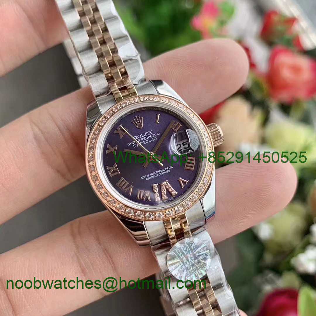 Replica Rolex Datejust 28MM 279171 Ladies WF Rose Gold/Steel Diamond Bezel Purple Dial Swiss ETA 2671 Watch