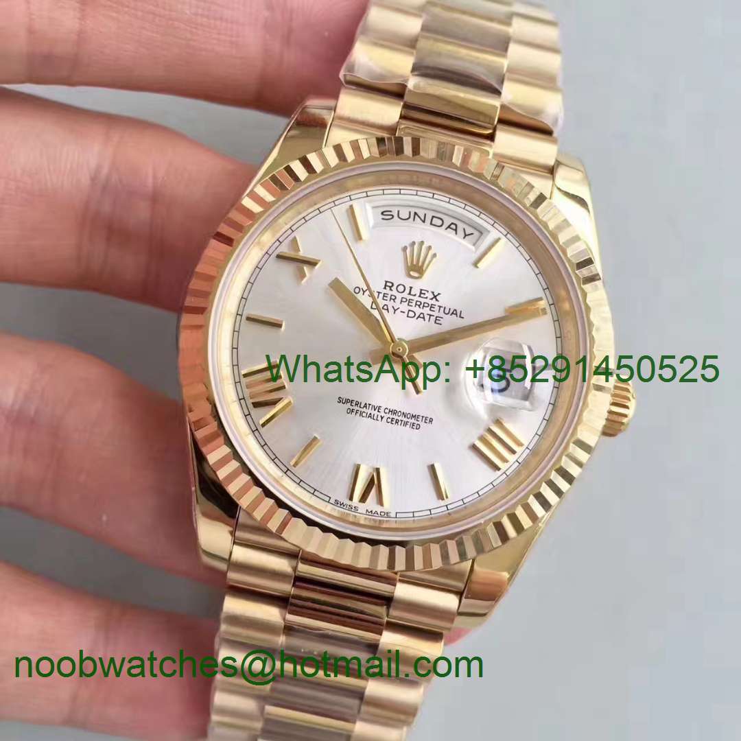 Replica Rolex Day-Date 40 228238 Yellow GOLD Noob 1:1 Best Edition Silver Roman Dial YG President Bracelet A3255