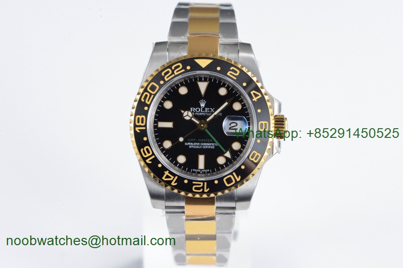 Replica Rolex GMT-Master II 116713 LN Black Ceramic 2tone Yellow Gold/Steel EWF Best Edition Black Dial A2836