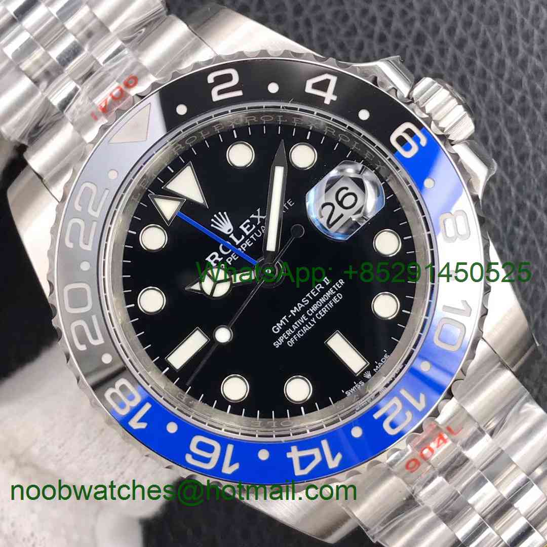 Replica Rolex GMT Master II 126710 BLNR Batman 904L Noob 1:1 Best Julibee Bracelet A3285 Correct Hand Stack