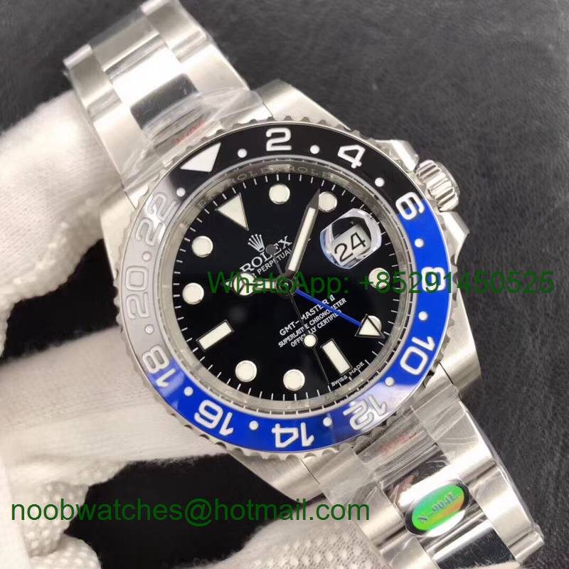 Replica Rolex GMT-Master II 116710 BLNR Black/Blue Ceramic 904L Steel 1:1 Noob Best A3186 V10 Correct Hand Stack