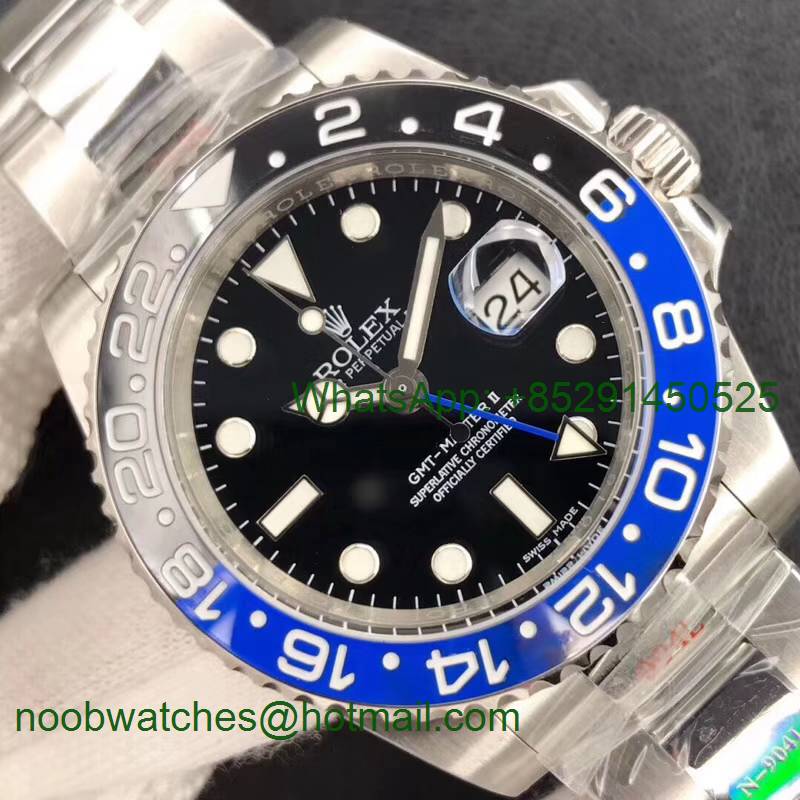 Replica Rolex GMT-Master II 116710 BLNR Black/Blue Ceramic 904L Steel 1:1 Noob Best A3186 V10 Correct Hand Stack