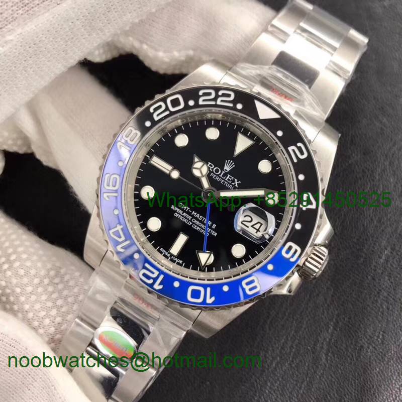 Replica Rolex GMT-Master II 116710 BLNR Black/Blue Ceramic 904L Steel 1:1 Noob Best A3186 V10 Correct Hand Stack