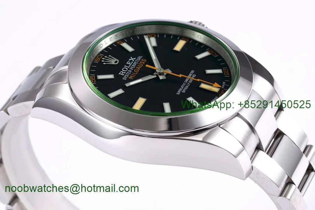 Replica Rolex Milgauss 116400GV Real Green Sapphire 904L DJF 1:1 Best Edition Black Dial on SS Bracelet A2836