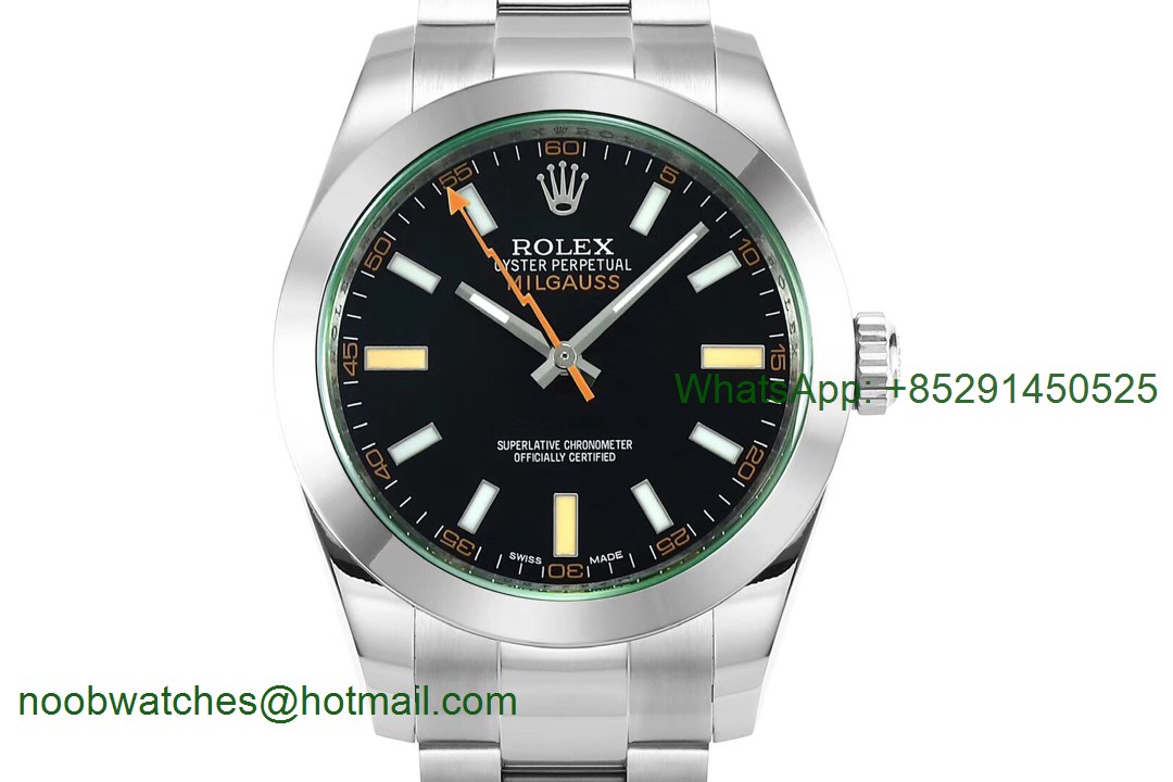Replica Rolex Milgauss 116400GV Real Green Sapphire 904L DJF 1:1 Best Edition Black Dial on SS Bracelet A2836
