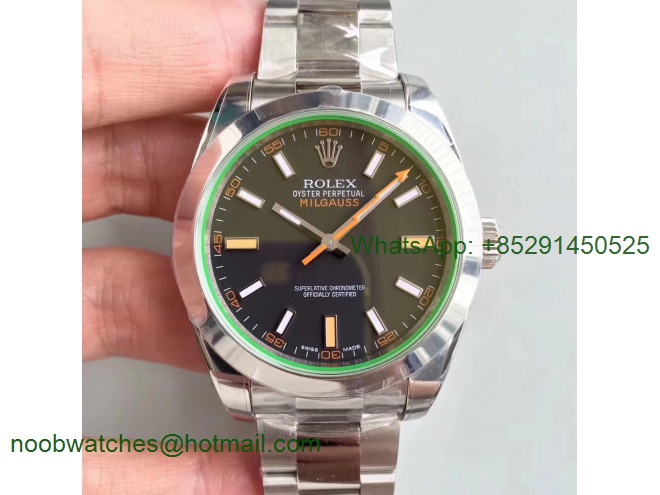 Replica Rolex Milgauss 116400 GV ARF 1:1 Green Sapphire Black Dial on SS Bracelet A2824