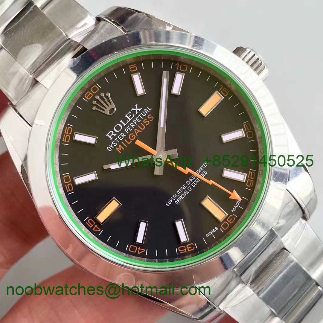 Replica Rolex Milgauss 116400 GV ARF 1:1 Green Sapphire Black Dial on SS Bracelet A2824