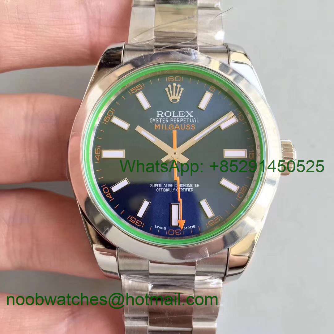 Replica Rolex Milgauss 116400 GV ARF 1:1 Green Sapphire Blue Dial on SS Bracelet A2824