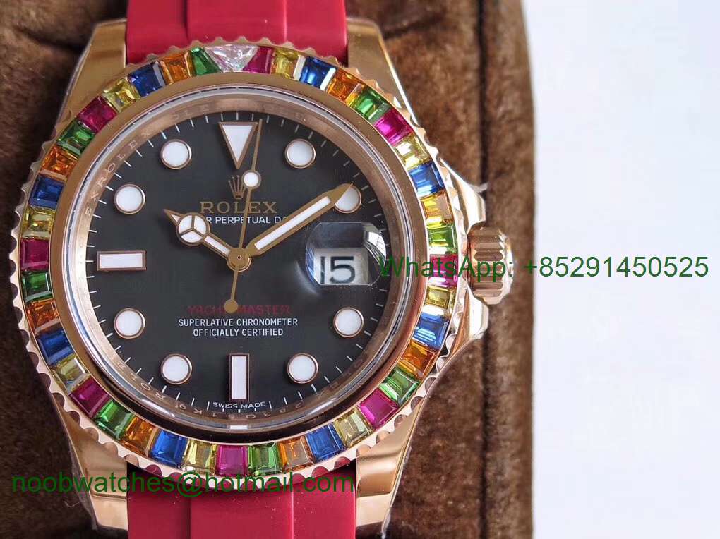 Replica Rolex Yacht-Master 40 116695SATS Rainbow Crystal Bezel Noob 1:1 Best 904L Red Rubber Strap (Free Extra Strap)