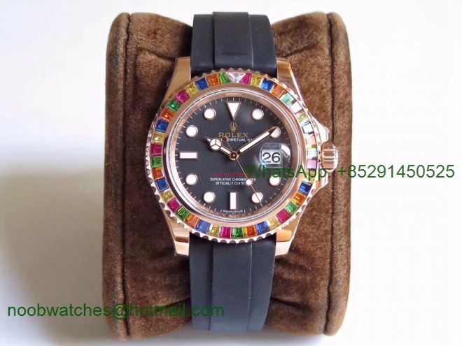 Replica Rolex Yacht-Master 40 116695SATS Rainbow Crystal Noob 1:1 Best Edition 904L Black Rubber Strap (Free Extra Strap