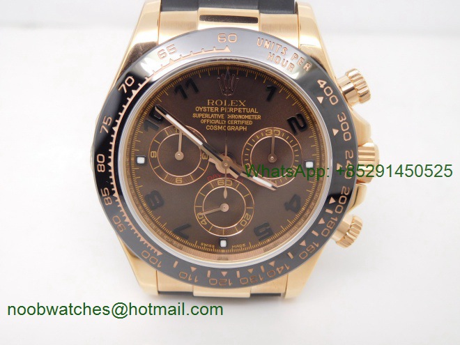 Replica Rolex Daytona Rose Gold Brown Dial BP Factory A7750 on Rubber Strap