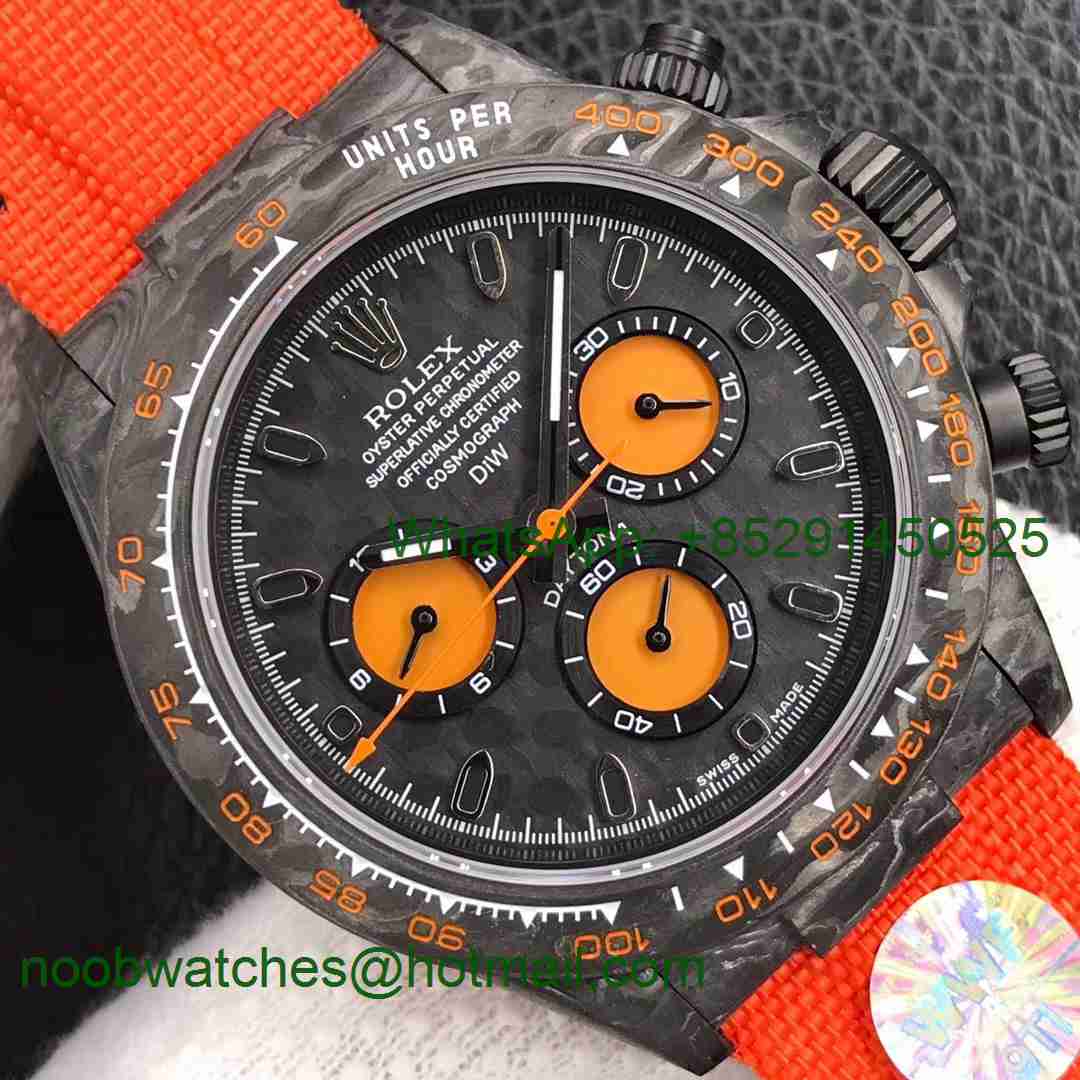 Replica Rolex Daytona DIW WWF Best Carbon Case and Bezel Black/Orange Dial Orange Nylon Strap A7750