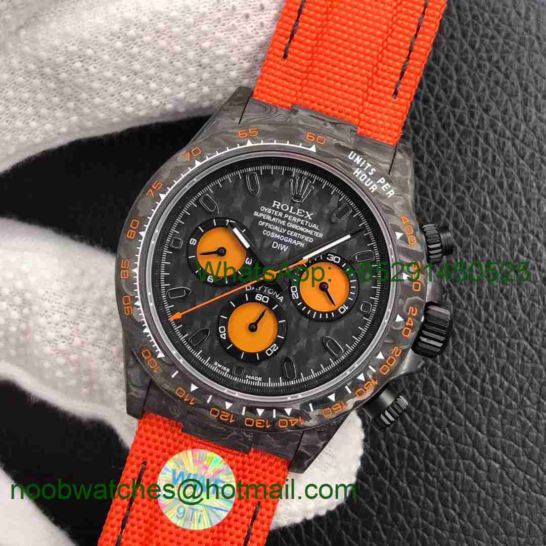 Replica Rolex Daytona DIW WWF Best Carbon Case and Bezel Black/Orange Dial Orange Nylon Strap A7750