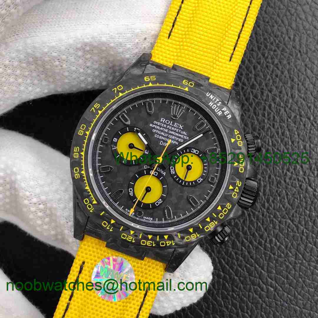 Replica Rolex Daytona DIW WWF Best Edition Carbon Case and Bezel Black Dial Yellow Nylon Strap A7750