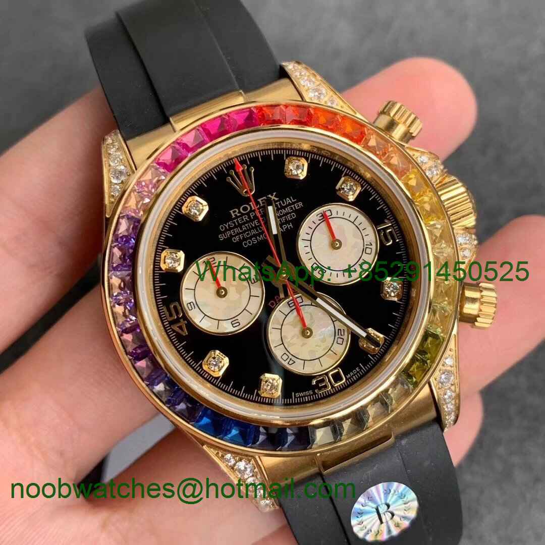 Replica Rolex Daytona 116589RBOW Yellow Gold Rainbow Crystal BLF Best Black Dial Rubber Strap A4130