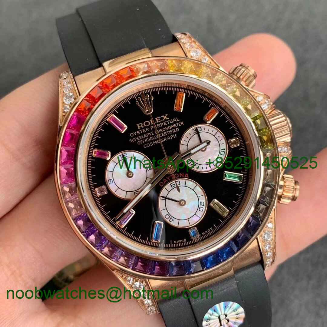 Replica Rolex Daytona 116595RBOW Rose Gold Rainbow Crystal BLF Best Black Dial Rubber Strap A4130