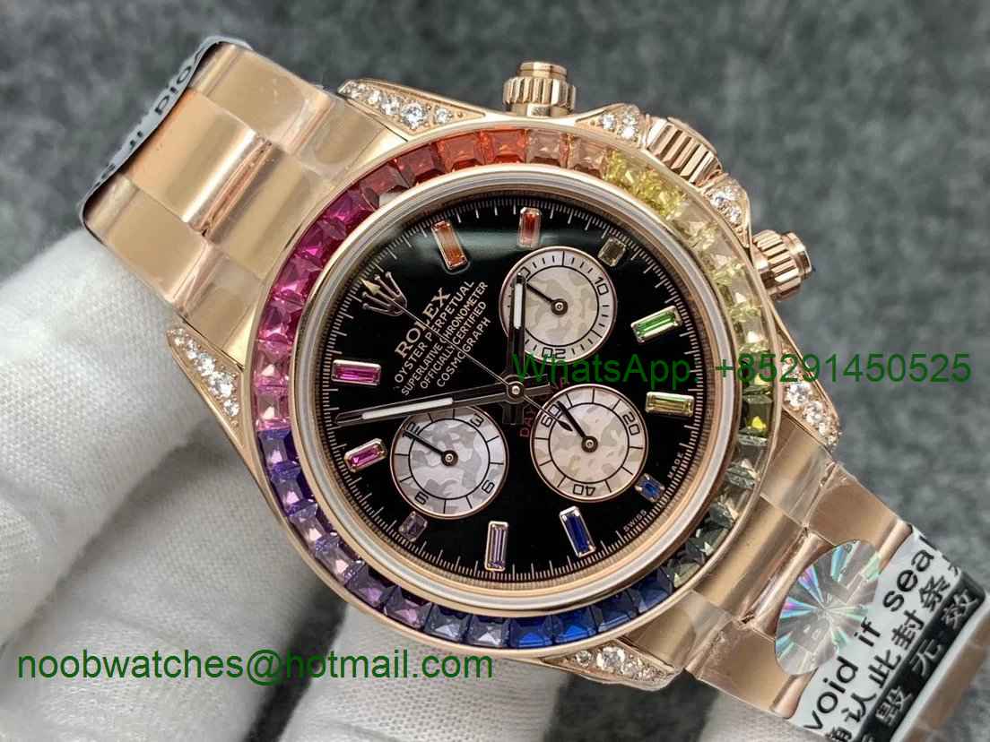 Replica ROLEX Daytona 116595RBOW Rose Gold Rainbow Crystal BLF Best Black Dial on RG Bracelet A4130