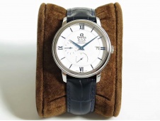 Replica OMEGA De Ville Prestige Real Power Reserve SS TWF 1:1 Best Edition Silver Dial Blue Markers on Black Leather Str