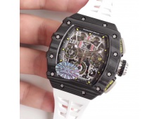 Replica Richard Mille RM011 Carbon Case Chrono KVF 1:1 Best Edition Crystal Skeleton Yellow Dial on White Rubber A7750